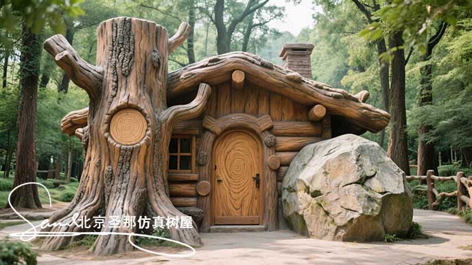 jimeng-2025-06-12-7046-水泥塑石仿木屋，一座造型独特的建筑，外观模仿了一段巨大的原木 。屋边有一块大石头....jpeg