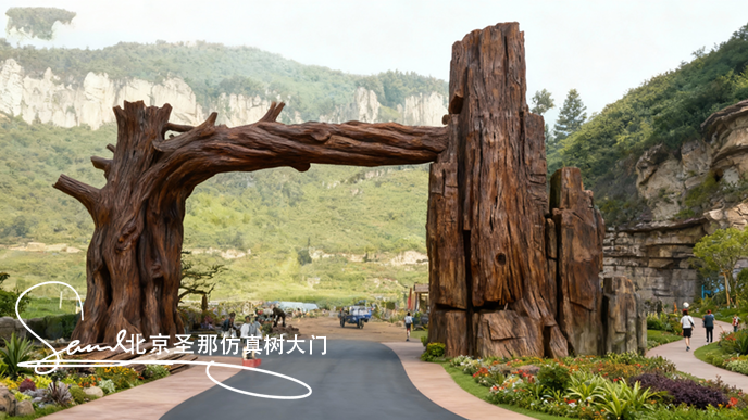 1761544656445491.png jimeng-2025-10-26-1872-一个主体颜色是自然暗棕色的仿树桩造型的园林景观入口,大门横梁很厚重,整体迪士尼大....png